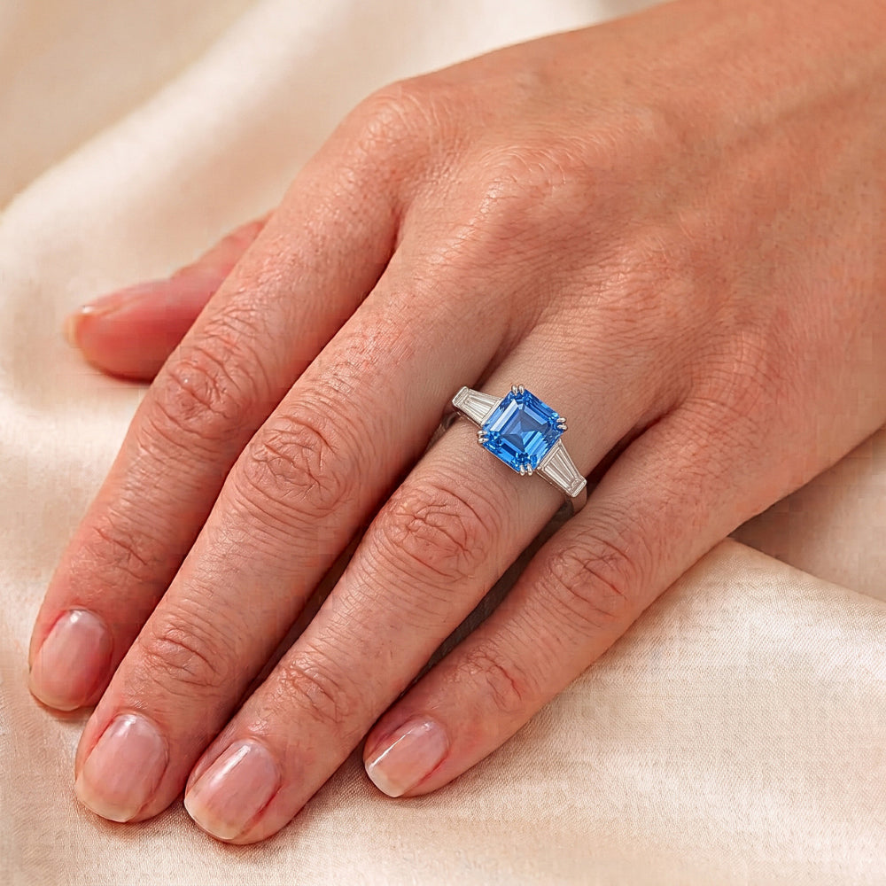 Gold Three Stone Asscher Sapphire Ring 2.50 Carats Baguette Natural Earth Mined Diamond ( Not Lab Grown )s