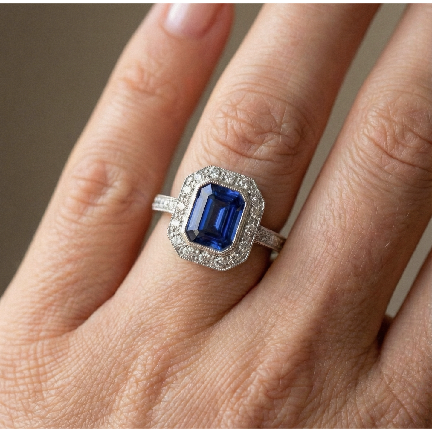 Gold Halo Emerald Shaped Sri Lankan Sapphire Natural Earth Mined Diamond ( Not Lab Grown ) Ring 3.50 Carats