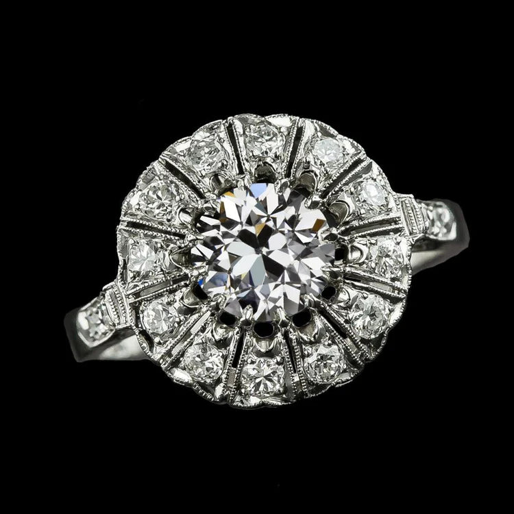 Gold Halo Wedding Ring Round Genuine Diamond Old European 3.25 Carats