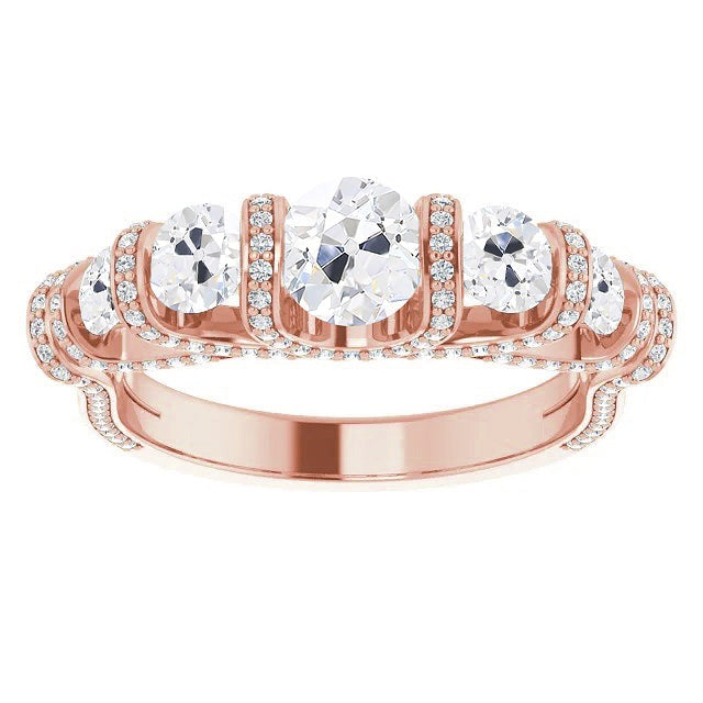 Gold Ladies Wedding Ring Round Real Old Miner Diamond Bar Set 9.50 Carats
