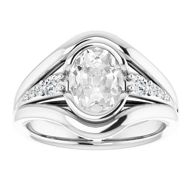 Gold Oval Old Cut Real Diamond Ring With Accents Half Bezel Set 5.50 Carats