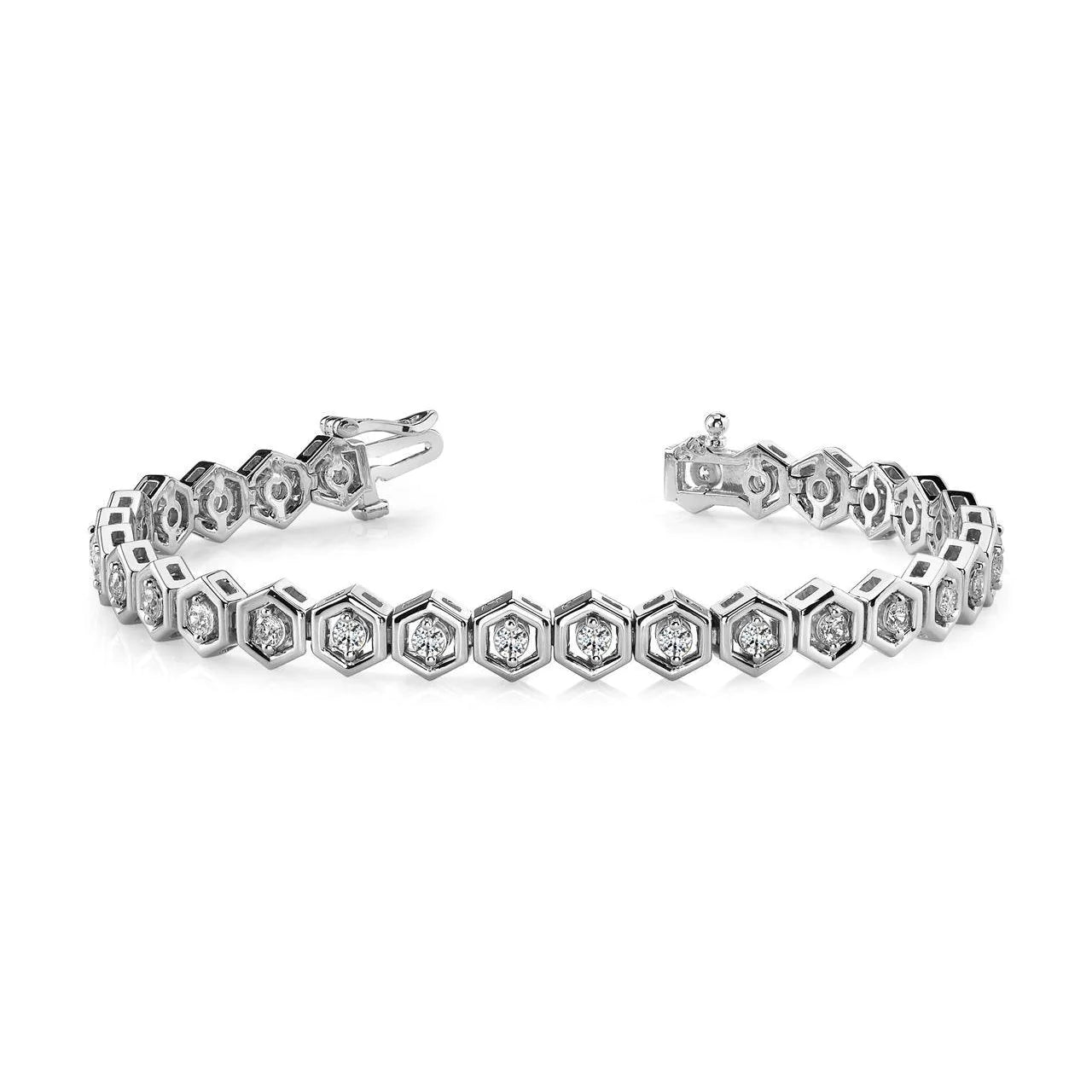 Gorgeous Two Prong Set Round Real Diamond 5 Carats Hexagon Link Bracelet