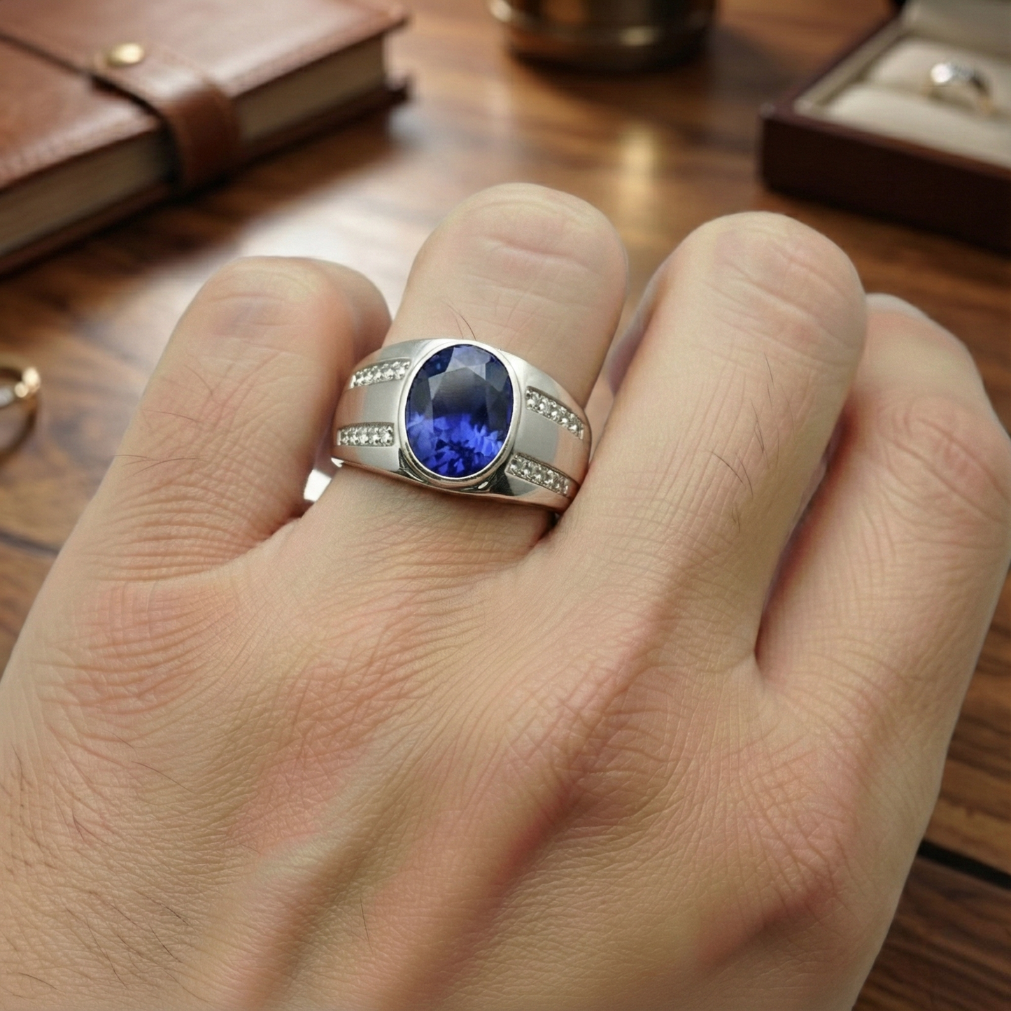 Gypsy Gemstone Vintage Style Oval Blue Sapphire Mens Natural Earth Mined Diamond ( Not Lab Grown ) Ring