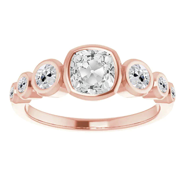 Half Eternity Band Cushion Old Cut Real Diamond Bubble Ring 5.50 Carats