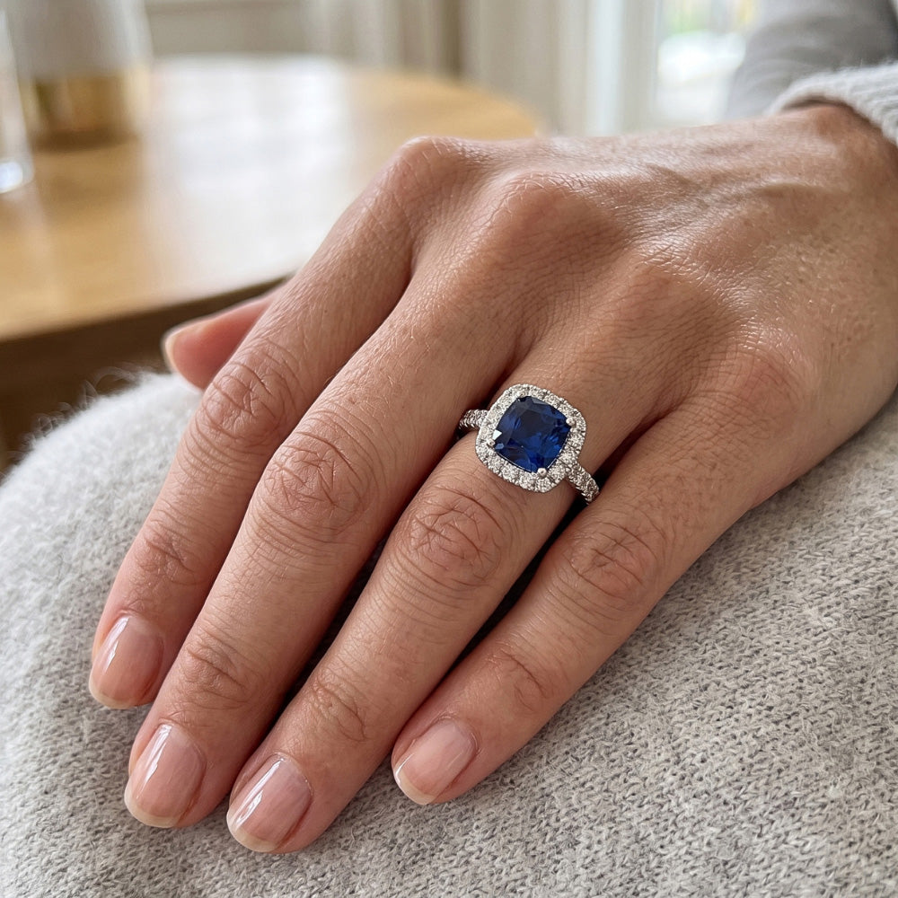 Halo 3.90 Ct Sri Lanka Sapphire Natural Earth Mined Diamond ( Not Lab Grown )s Wedding Ring White Gold