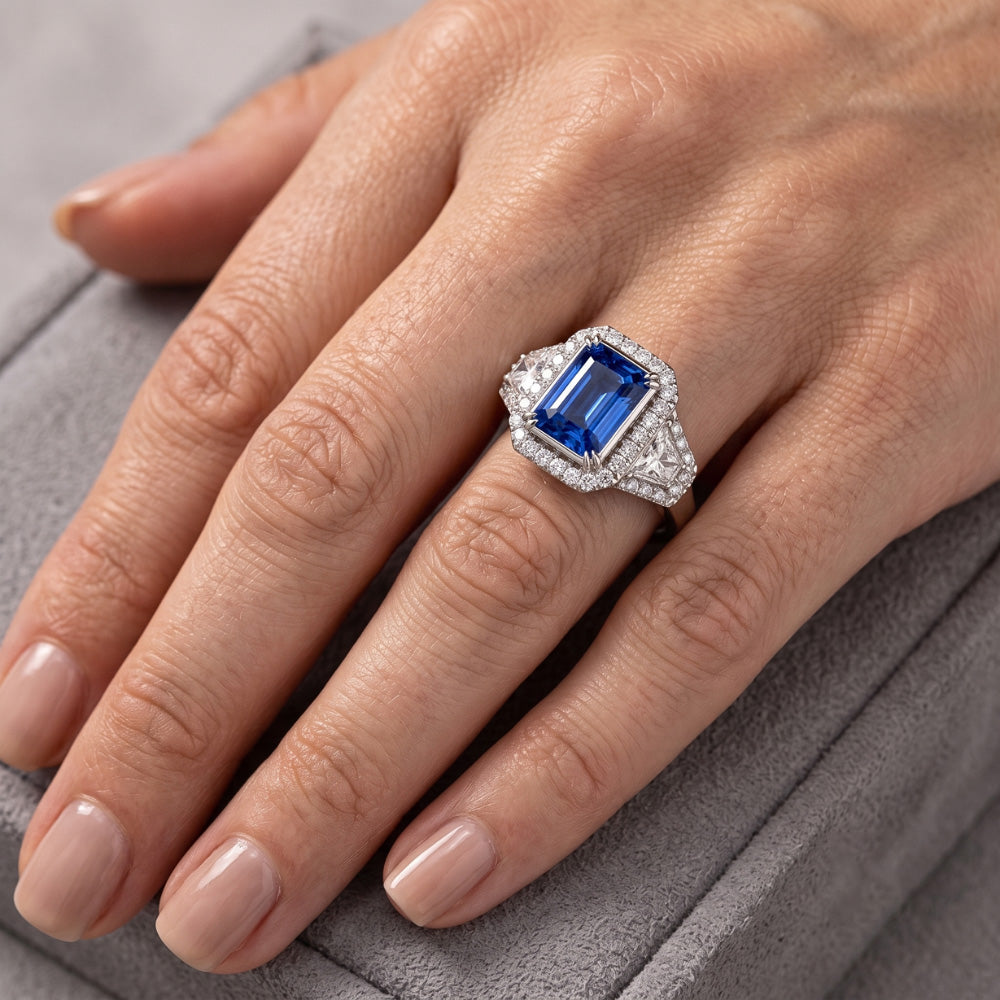Halo Bezel Set Blue Sapphire Ring 4.50 Carats Trapezoid & Round Natural Earth Mined Diamond ( Not Lab Grown ) ( Not...