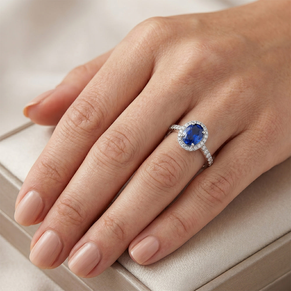 Halo Blue Sapphire And Natural Earth Mined Diamond ( Not Lab Grown ) Engagement Ring 2.25 Carat Gold 14K