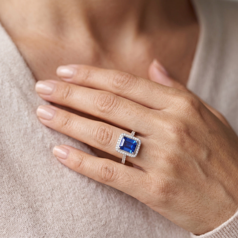 Halo Blue Sapphire Engagement Ring Radiant & Natural Earth Mined Diamond ( Not Lab Grown )s 3.50 Carats