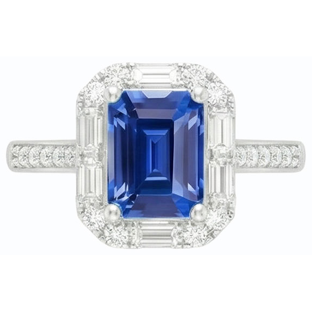 Halo Blue Sapphire Ring Baguette & Round Natural Earth Mined Diamond ( Not Lab Grown ) Jewelry 3 Carats