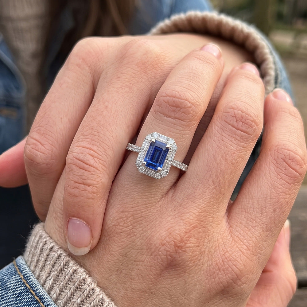 Halo Blue Sapphire Ring Baguette & Round Natural Earth Mined Diamond ( Not Lab Grown ) Jewelry 3 Carats