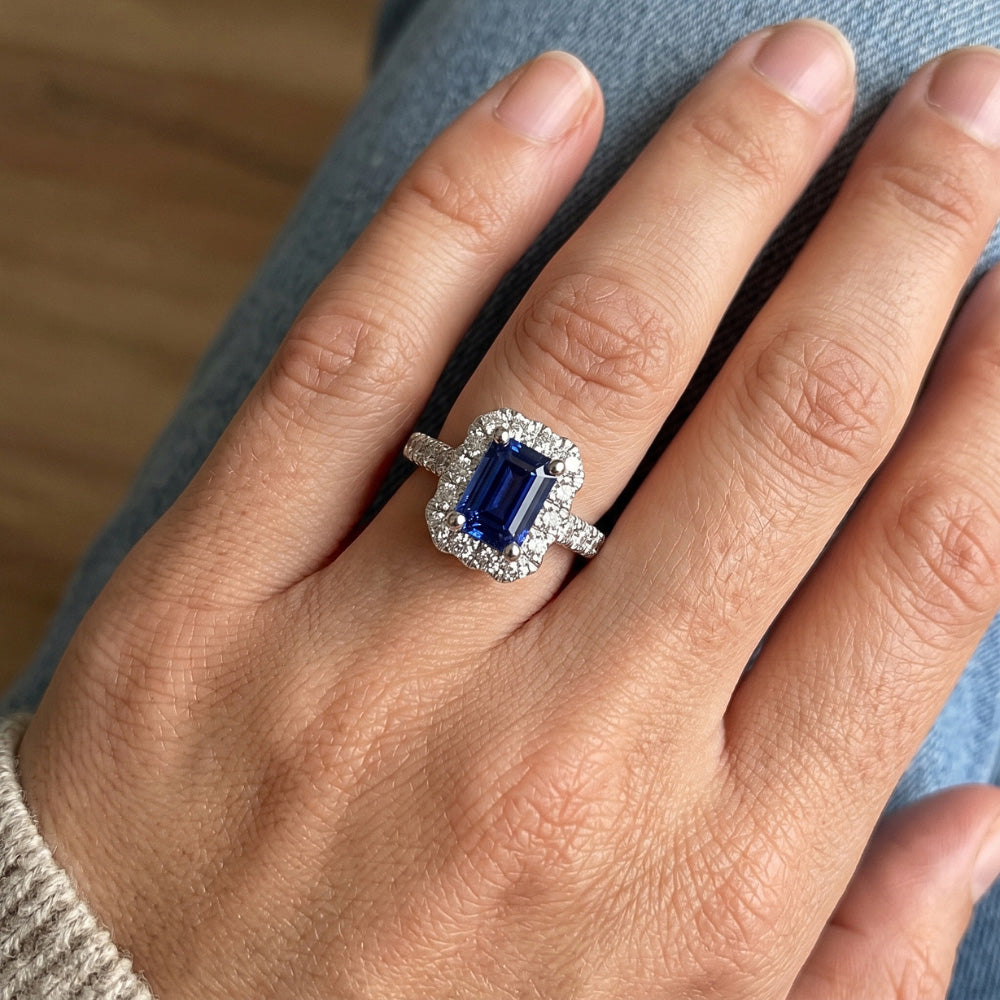 Halo Ceylon Sapphire Ring Emerald Cut & Natural Earth Mined Diamond ( Not Lab Grown )s 3.50 Carats