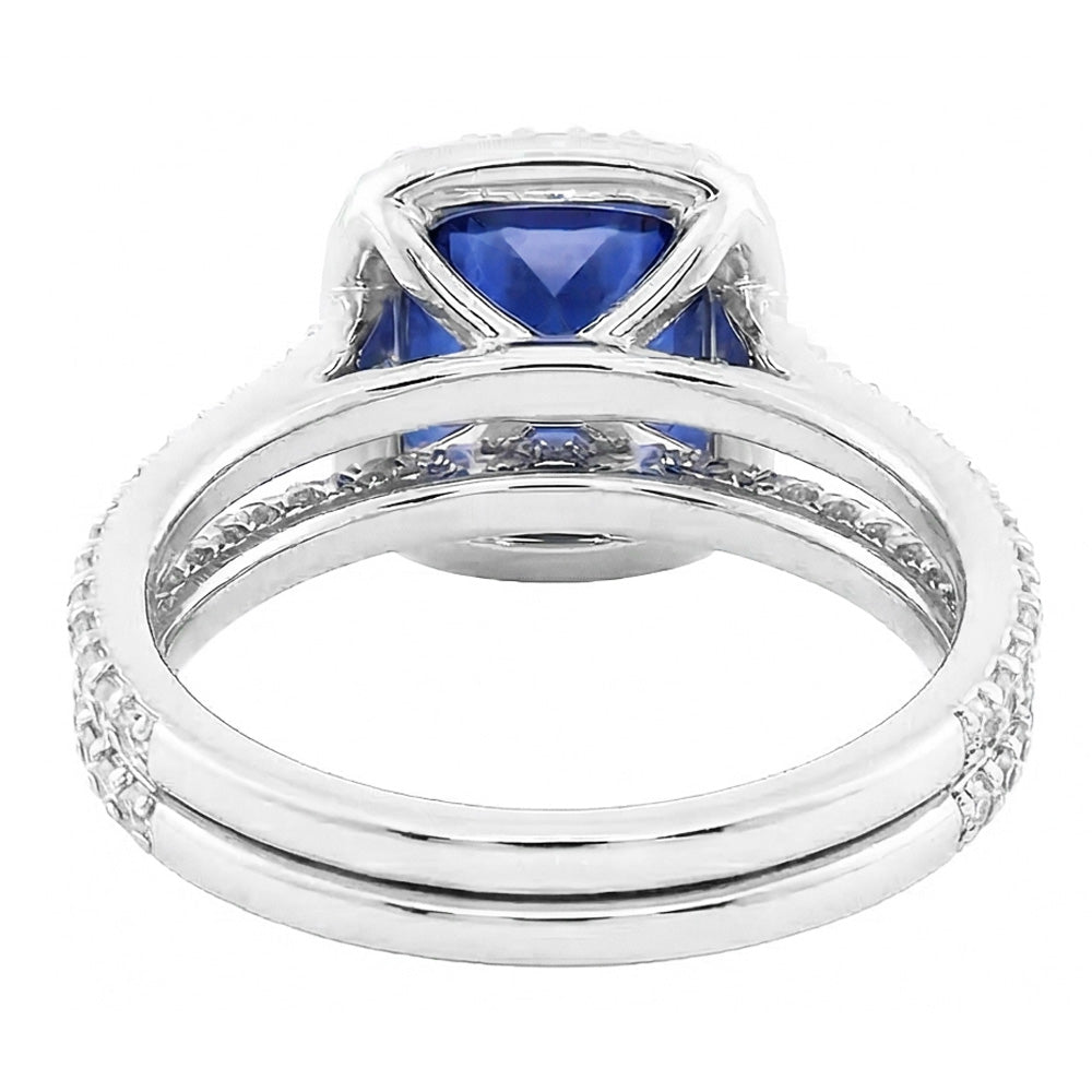 Halo Cushion Sapphire Natural Earth Mined Diamond ( Not Lab Grown ) Engagement Ring Set 4.50 Carats