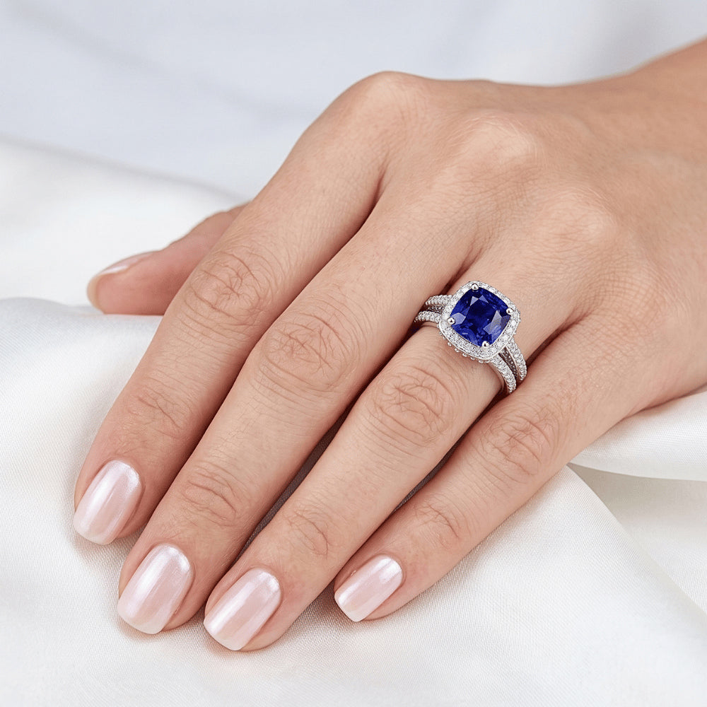 Halo Cushion Sapphire Natural Earth Mined Diamond ( Not Lab Grown ) Engagement Ring Set 4.50 Carats