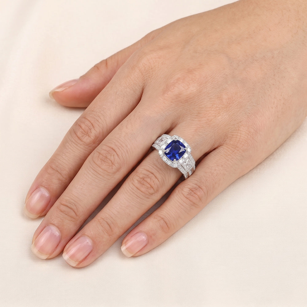 Halo Cushion Sapphire Natural Earth Mined Diamond ( Not Lab Grown ) Ring White Gold Jewelry 3.50 Carats