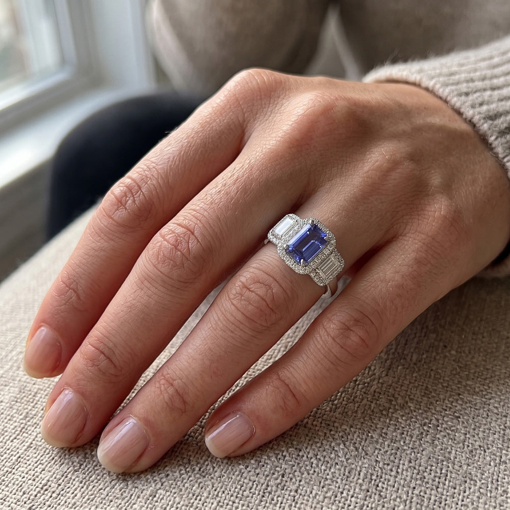 Halo Emerald Blue Sapphire Natural Earth Mined Diamond ( Not Lab Grown ) Ring 3 Stone Style Jewelry 3 Carats
