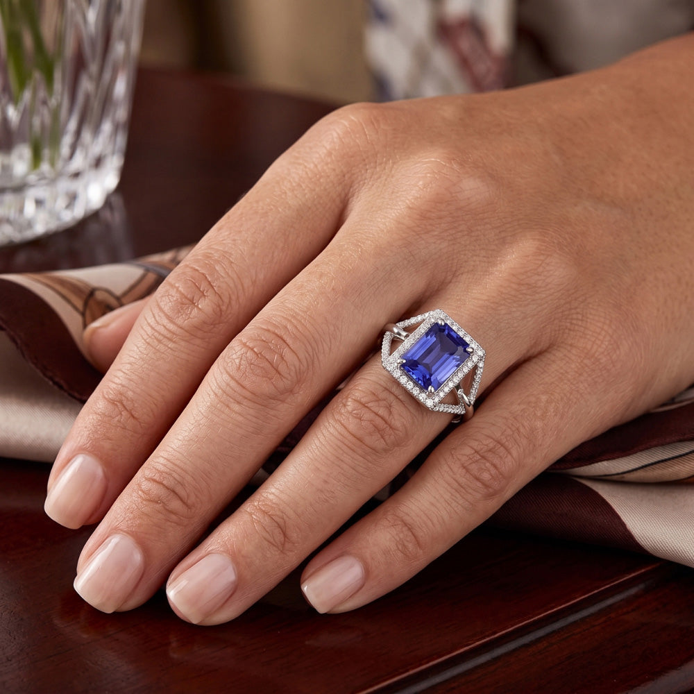 Halo Emerald Sapphire Ring 4.50 Carats Split Shank Natural Earth Mined Diamond ( Not Lab Grown ) Jewelry