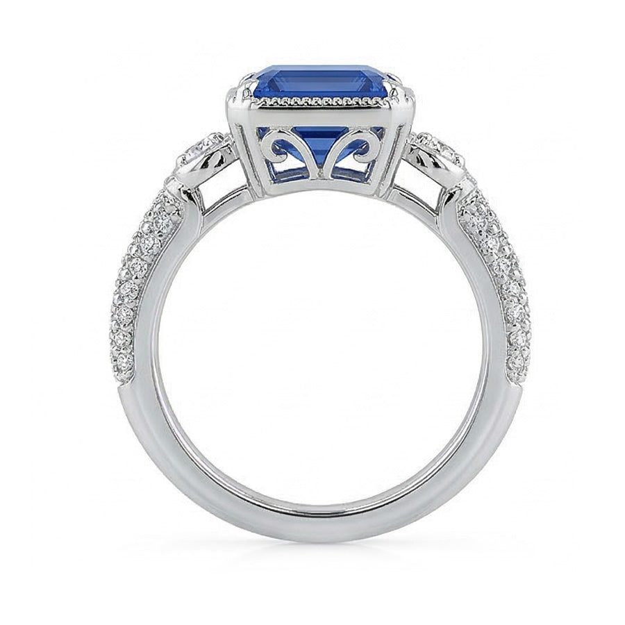 Halo Emerald Sapphire Wedding Ring & Small Round Natural Earth Mined Diamond ( Not Lab Grown )s 4 Carats
