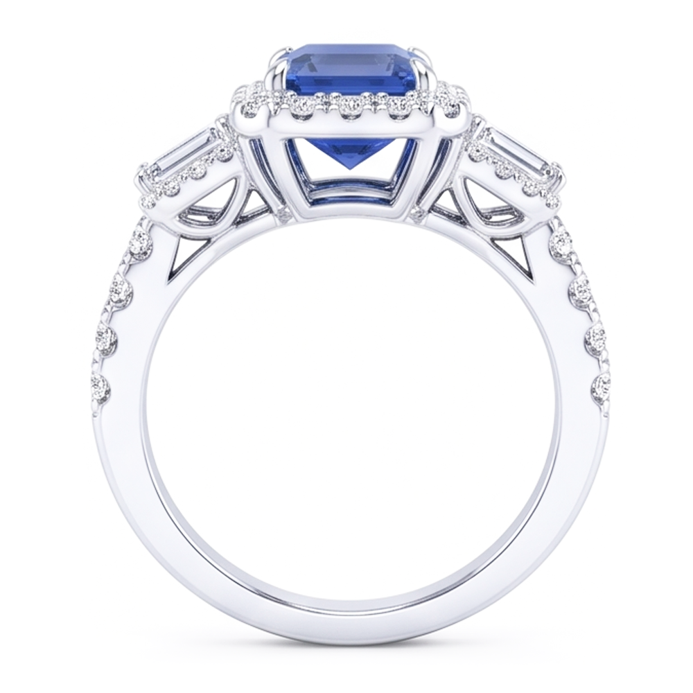 Halo Emerald Wedding Ring Blue Sapphire Baguette Natural Earth Mined Diamond ( Not Lab Grown )s 3.50 Carats