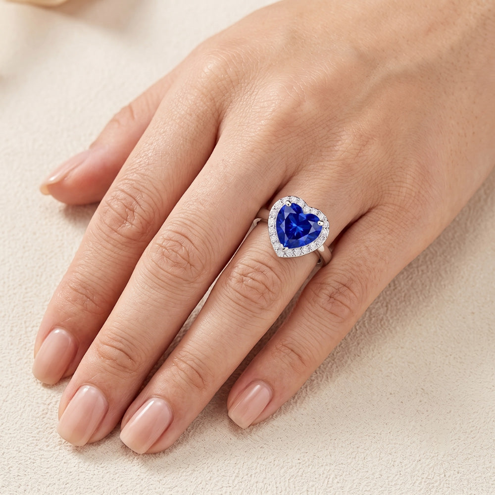 Halo Engagement Ring Heart Sri Lankan Sapphire 4 Carats Gold Natural Earth Mined Diamond ( Not Lab Grown )s