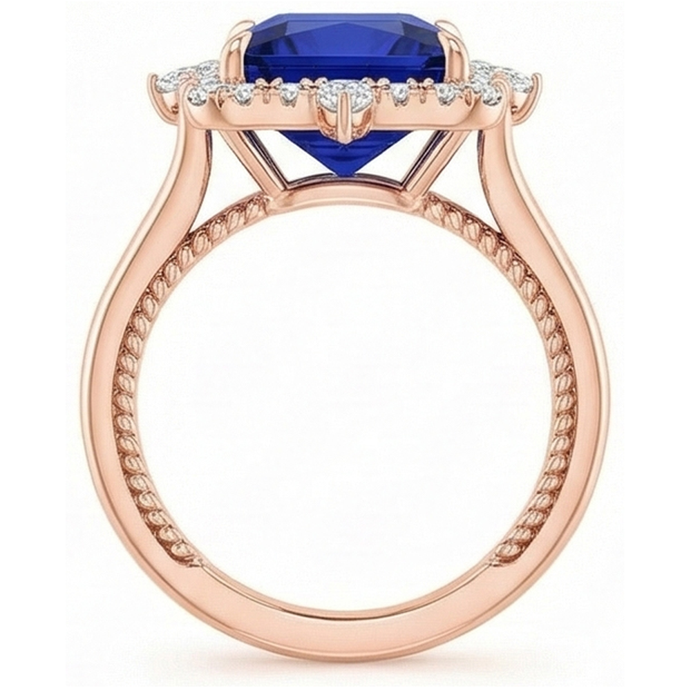 Halo Engagement Ring Vintage Style Blue Sapphire 6.25 Carats Rose Gold