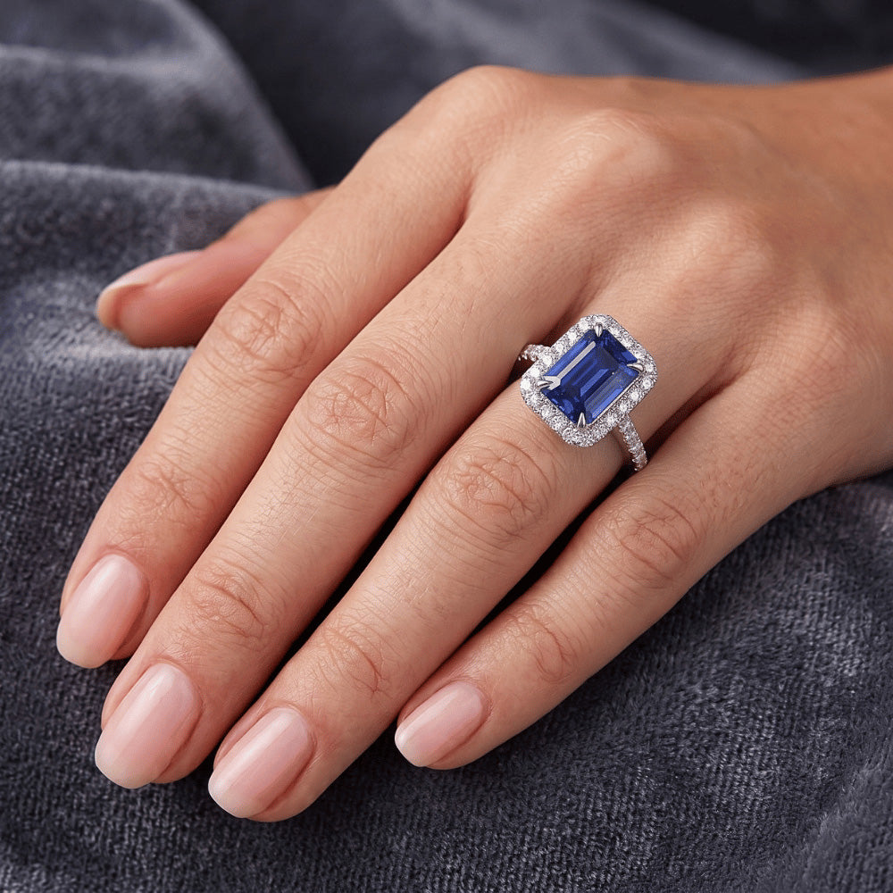 Halo Fancy Natural Earth Mined Diamond ( Not Lab Grown ) Ring Emerald Cut Sri Lankan Sapphire 4.25 Carats