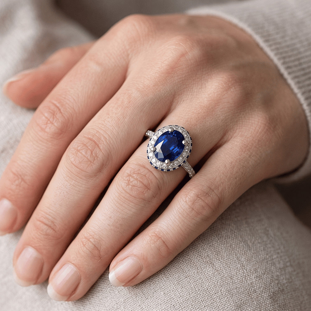Halo Gemstone Oval Ring Blue Sapphire & Natural Earth Mined Diamond ( Not Lab Grown ) Accents 4.50 Carats
