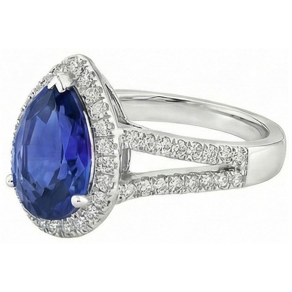 Halo Natural Earth Mined Diamond ( Not Lab Grown ) Engagement Ring Pear Ceylon Sapphire Split Shank 4 Carats