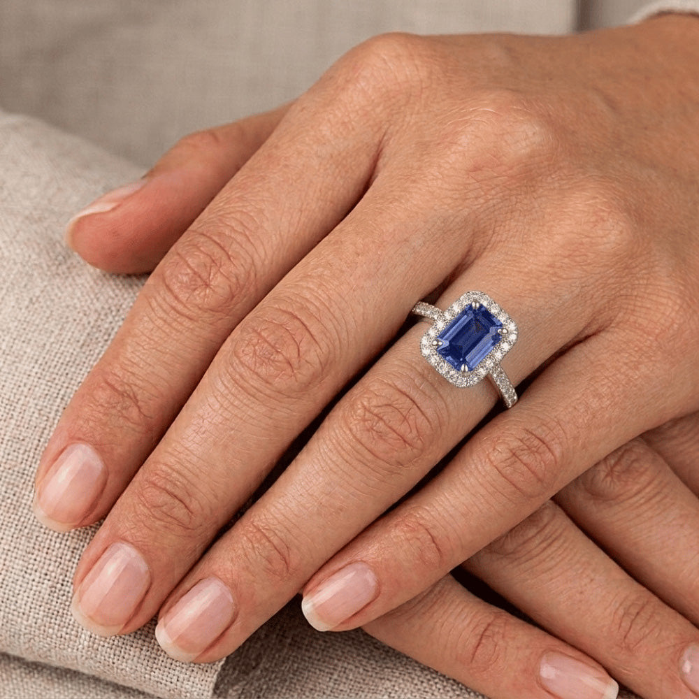 Halo Natural Earth Mined Diamond ( Not Lab Grown ) Blue Sapphire Wedding Ring Emerald Cut 3.50 Carats Gold