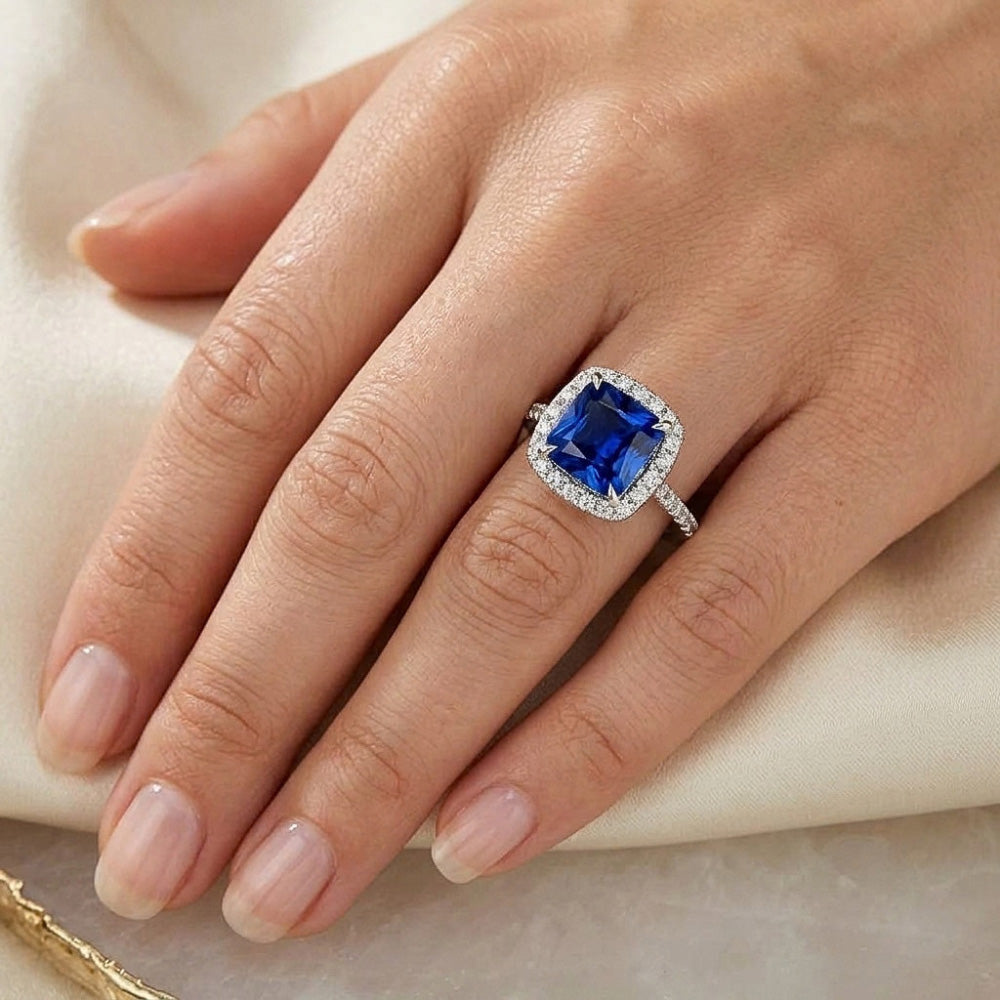 Halo Natural Earth Mined Diamond ( Not Lab Grown ) Ceylon Sapphire With Accents Ring 3.25 Carats Gold 14K