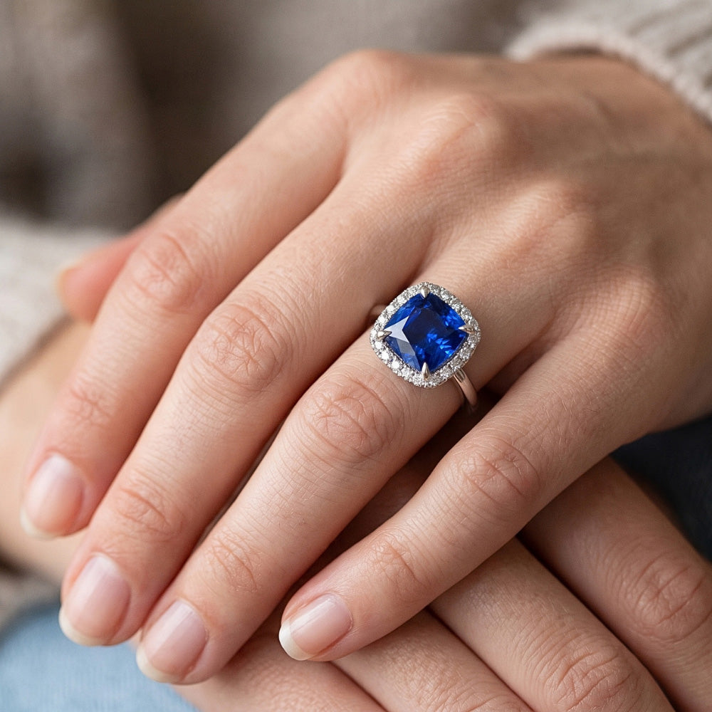 Halo Natural Earth Mined Diamond ( Not Lab Grown ) Engagement Ring Prong Set Blue Sapphire Gold 2.75 Carats