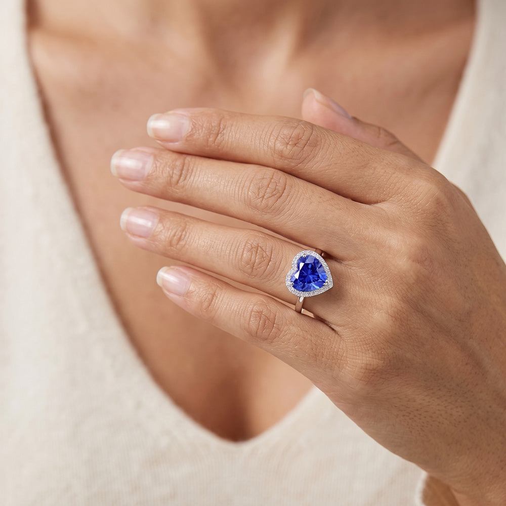 Halo Natural Earth Mined Diamond ( Not Lab Grown ) Heart Shaped Sri Lankan Sapphire Ring 3.50 Carats