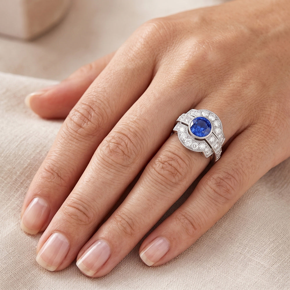 Halo Natural Earth Mined Diamond ( Not Lab Grown ) Ring Bezel Set Ceylon Sapphire 2.50 Carats Mil...