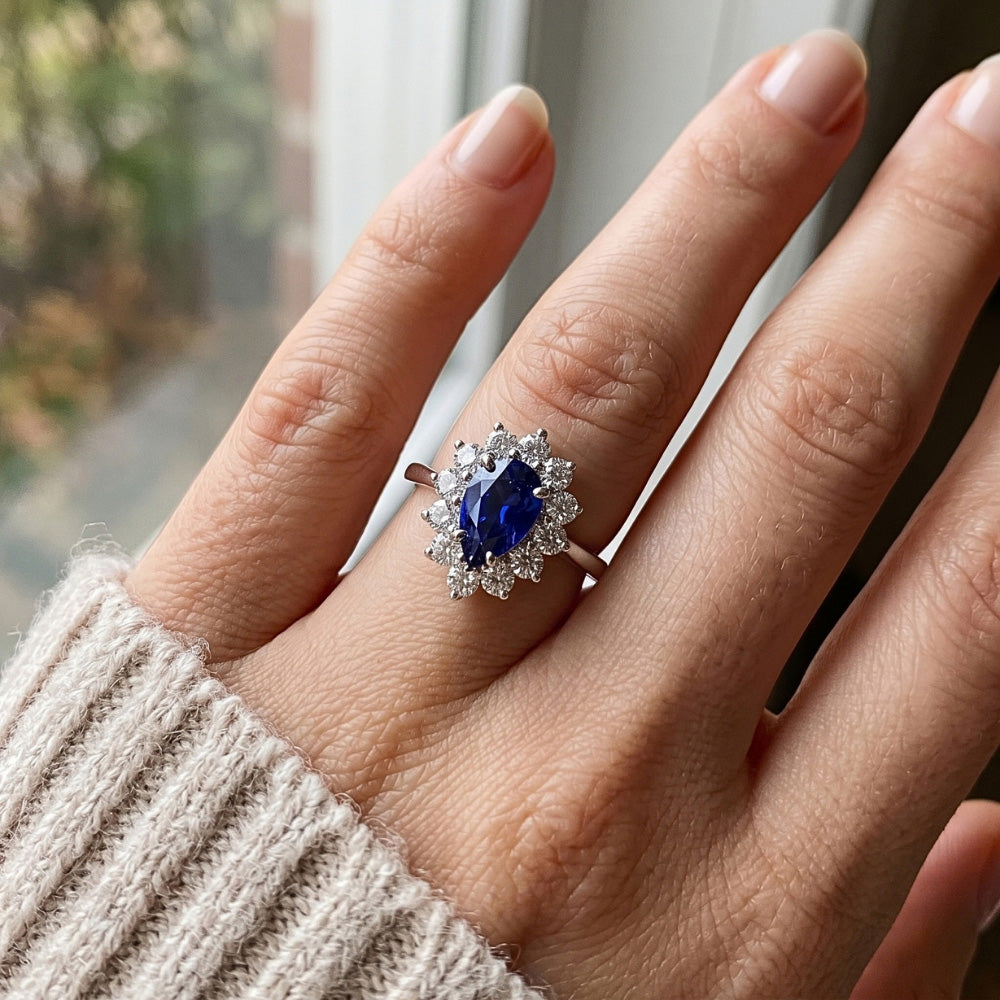 Halo Natural Earth Mined Diamond ( Not Lab Grown ) Ring Star Style Pear Sri Lankan Sapphire 2.25 Carats