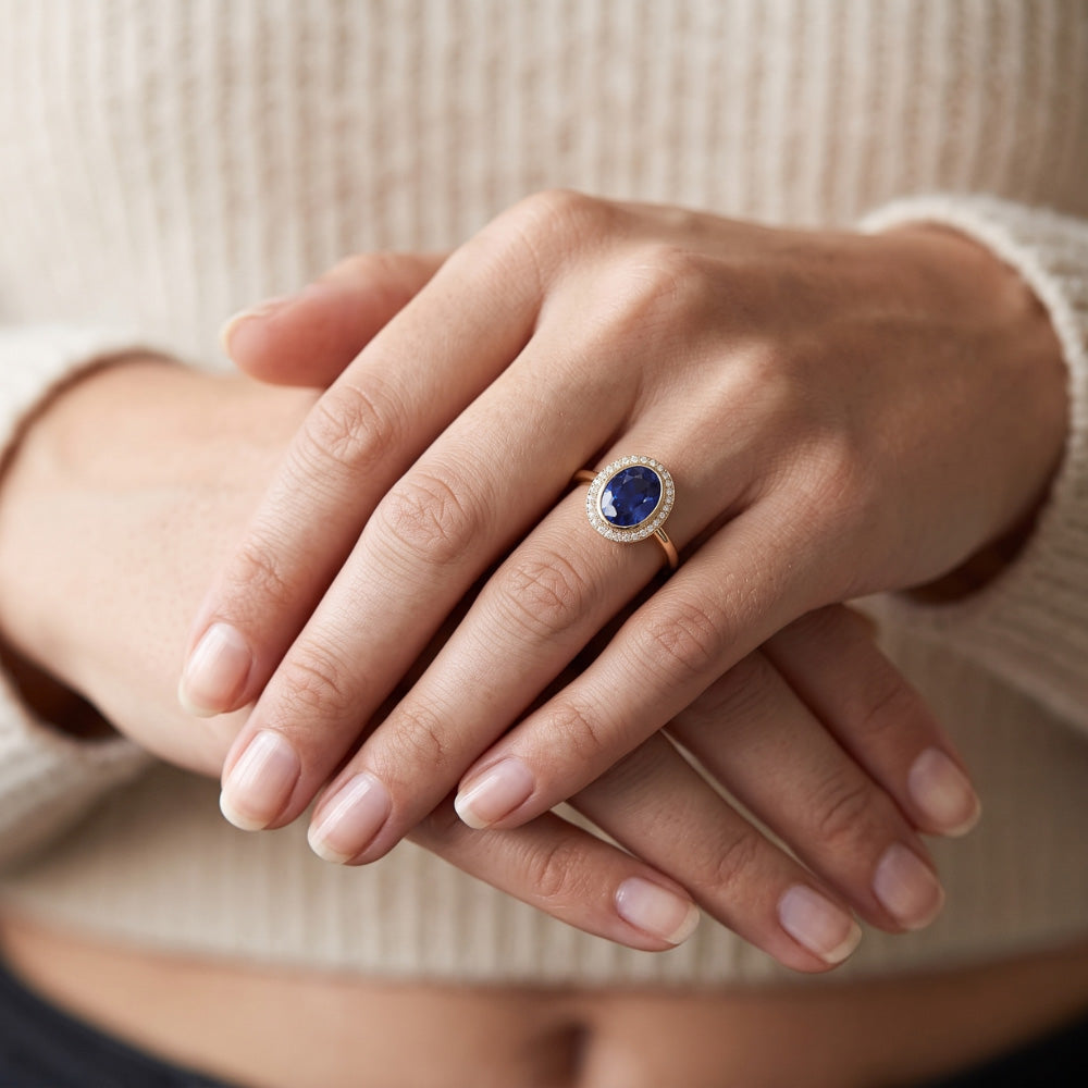 Halo Oval Blue Sapphire Ring & Natural Earth Mined Diamond ( Not Lab Grown )s 3 Carats Gold