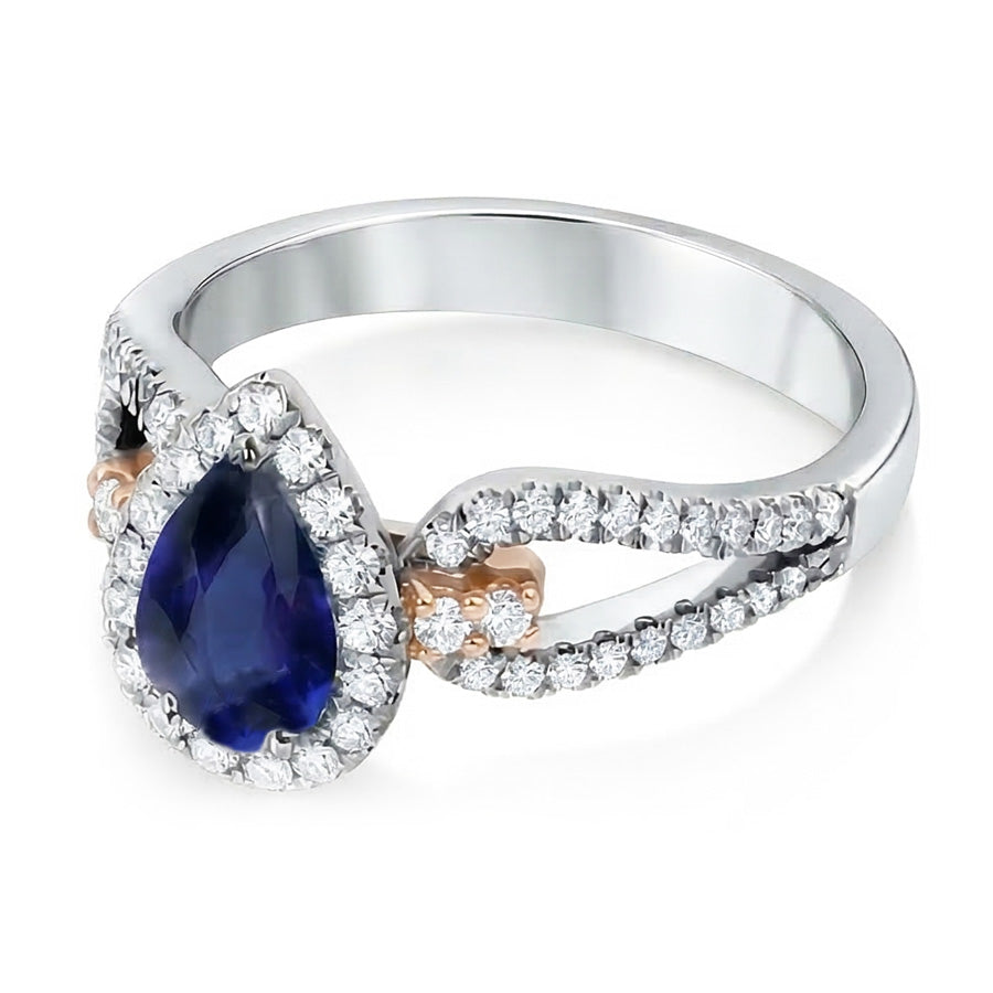Halo Pear Ceylon Sapphire Ring Natural Earth Mined Diamond ( Not Lab Grown ) Ladies Jewelry