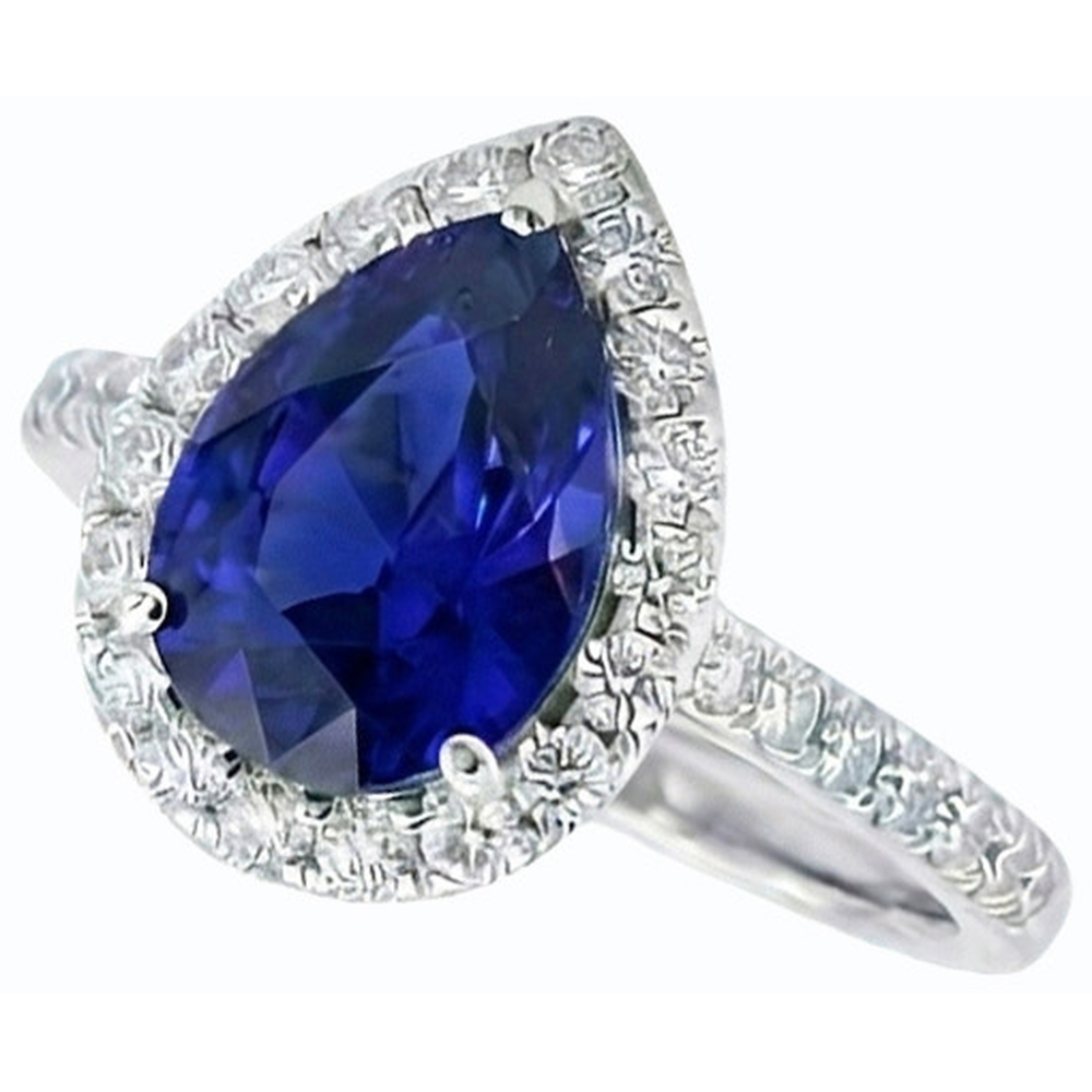 Halo Pear Shaped Blue Sapphire & Round Natural Earth Mined Diamond ( Not Lab Grown ) Ring 5 Carats