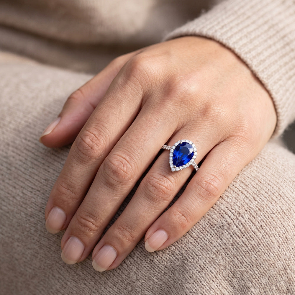 Halo Pear Shaped Blue Sapphire & Round Natural Earth Mined Diamond ( Not Lab Grown ) Ring 5 Carats