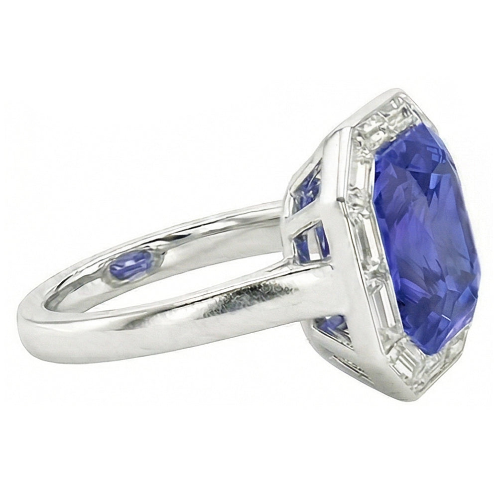 Halo Radiant Blue Sapphire Ring & Baguette Natural Earth Mined Diamond ( Not Lab Grown )s 3.50 Carats