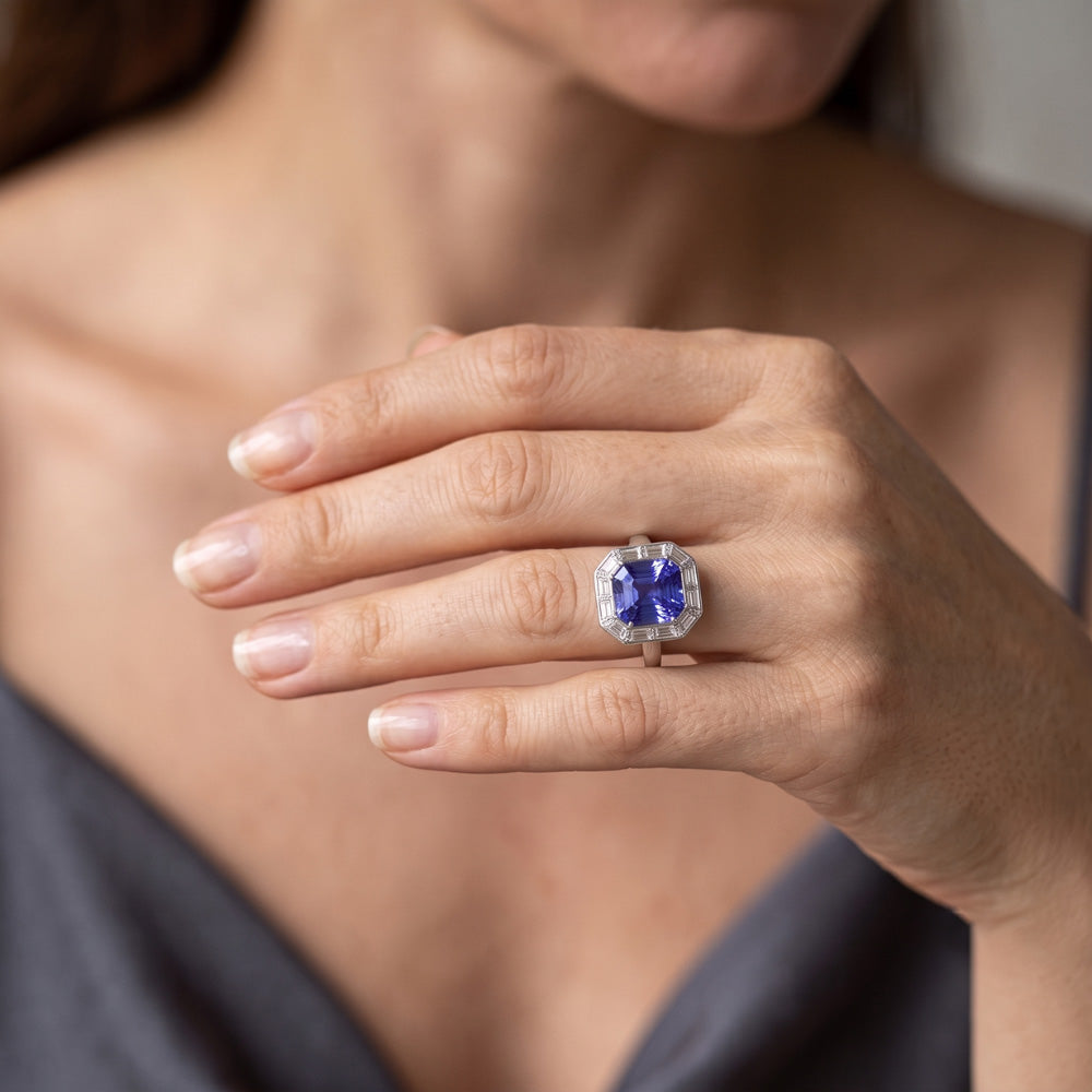 Halo Radiant Blue Sapphire Ring & Baguette Natural Earth Mined Diamond ( Not Lab Grown )s 3.50 Carats