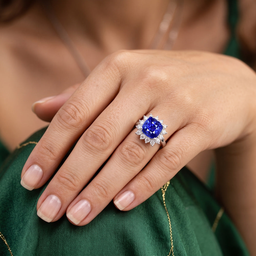 Halo Ring Cushion Sapphire & Round Natural Earth Mined Diamond ( Not Lab Grown )s Star Style 3.50 Carats