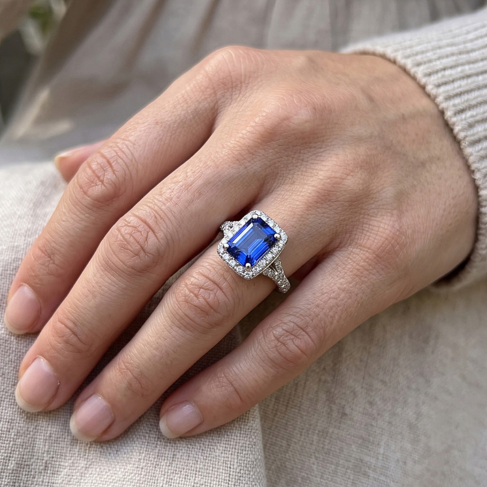 Halo Ring Emerald Sri Lankan Sapphire & Natural Earth Mined Diamond ( Not Lab Grown ) 4.50 Carats
