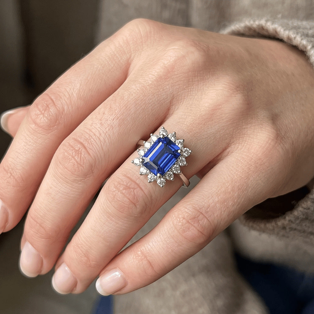 Halo Ring Flower Style Emerald Ceylon Sapphire & Natural Earth Mined Diamond ( Not Lab Grown ) 4.50 Carats