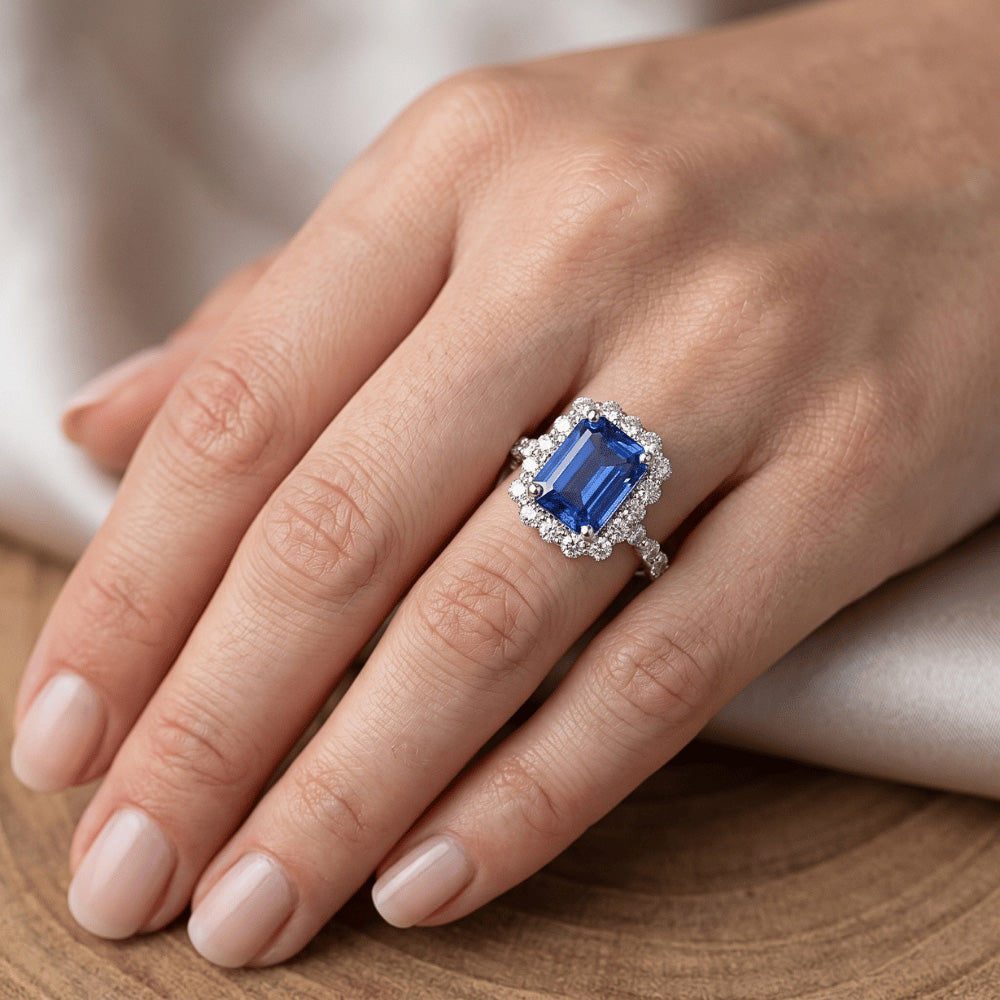 Halo Ring Flower Style Radiant Blue Sapphire & Natural Earth Mined Diamond ( Not Lab Grown ) 4.25 Carats