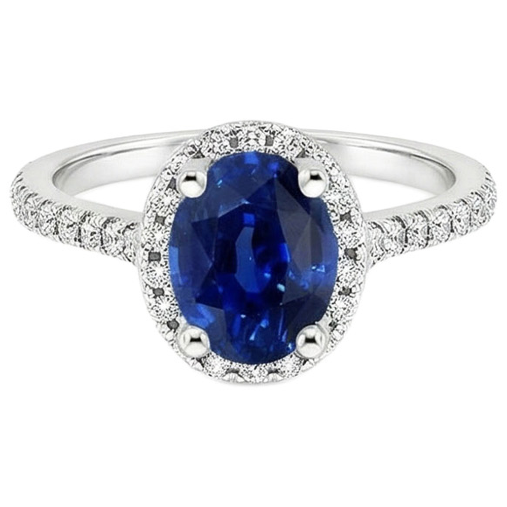 Halo Ring Pave Set Natural Earth Mined Diamond ( Not Lab Grown )s & Oval Sri Lankan Sapphire 5 Carats