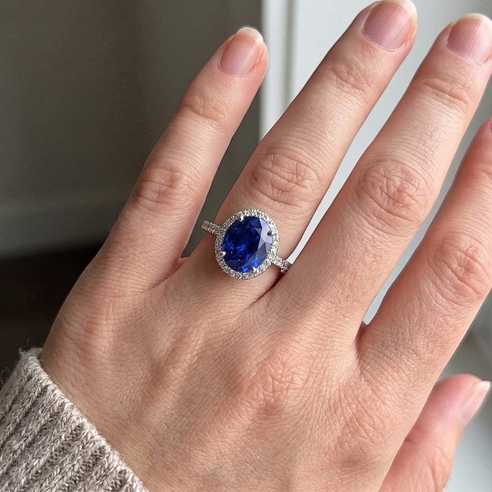 Halo Ring Pave Set Natural Earth Mined Diamond ( Not Lab Grown )s & Oval Sri Lankan Sapphire 5 Carats