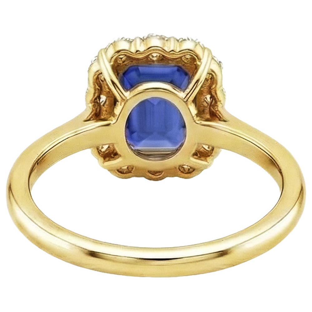 Halo Ring Yellow Gold 14K Ceylon Sapphire & Natural Earth Mined Diamond ( Not Lab Grown ) 4.25 Carats