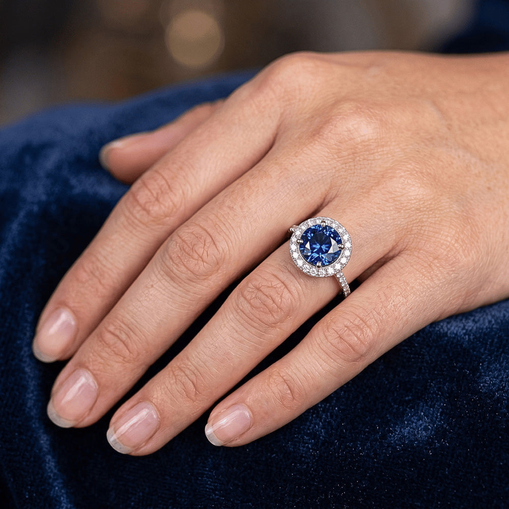 Halo Round Ceylon Sapphire Natural Earth Mined Diamond ( Not Lab Grown ) Ring White Gold 14K