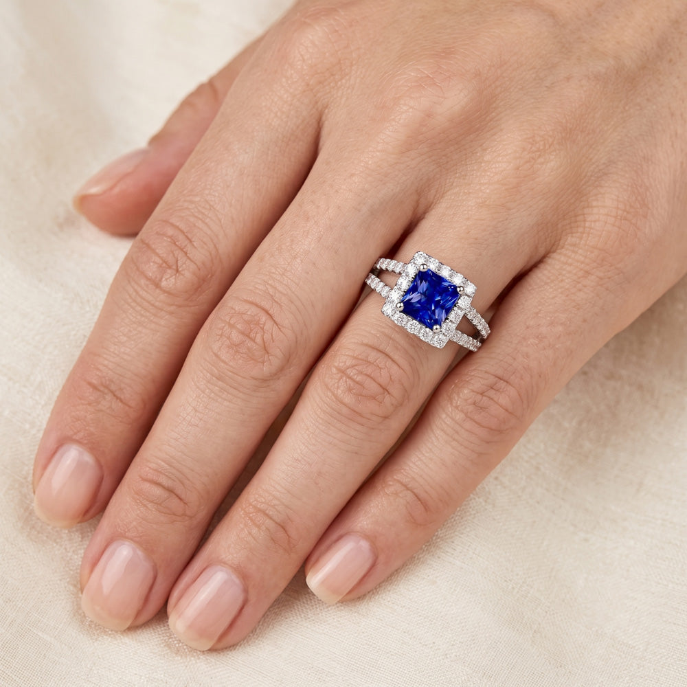 Halo Sapphire Engagement Ring Set Pave Natural Earth Mined Diamond ( Not Lab Grown ) Gold Band 3 Carats