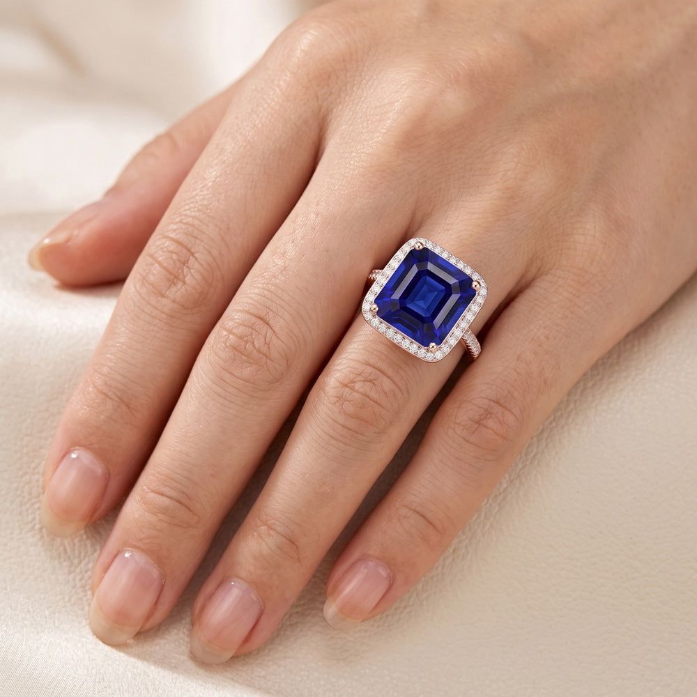 Halo Sapphire Engagement Ring Two Tone 14K 6 Carats Pave Set Natural Earth Mined Diamond ( Not Lab Grown )s