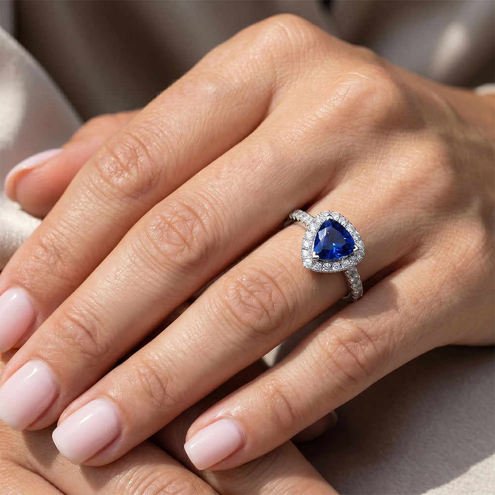 Halo Trillion Natural Earth Mined Diamond ( Not Lab Grown ) Deep Blue Sapphire Ring 2 Carats Jewelry Gold